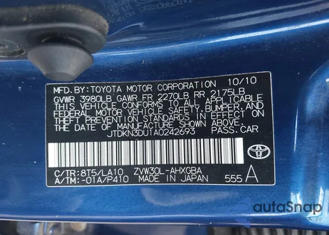 2010 Toyota Prius Iv из США, поврежденный, VIN JTDKN3DU1A0242693